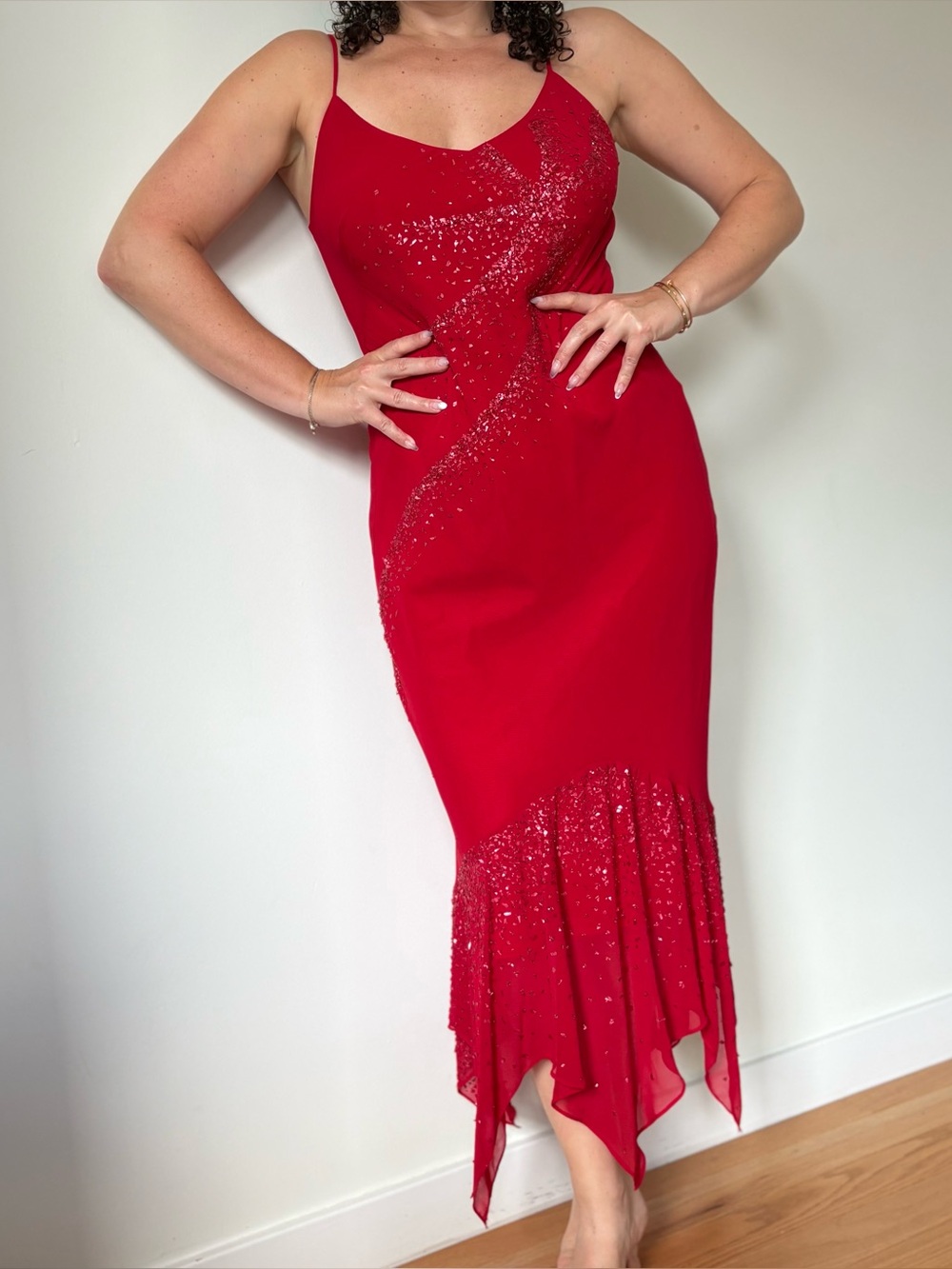 Y2K 90s Cicci USA Vintage Beaded Swirl Red Formal Prom Slip Maxi Dress Gown XL/M